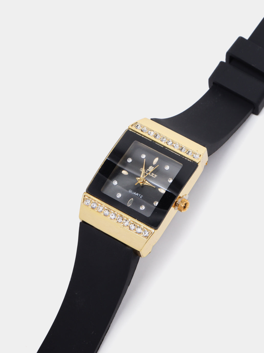 Midnight Elegance - Rectangular Rose Gold & Crystal Watch