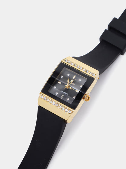 Midnight Elegance - Rectangular Rose Gold & Crystal Watch